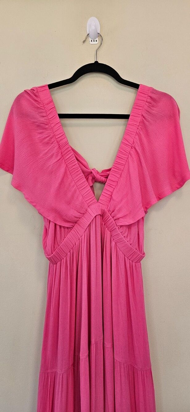 Ador Pink Maxi Dress Women Sz M Tiered Ties In Back Flutter Sleeves Babydoll